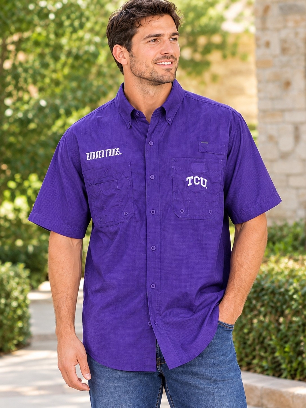 TCU Horned Frogs ProEdge Men's Short Sleeve Fishing Performance Shirt Purple XL